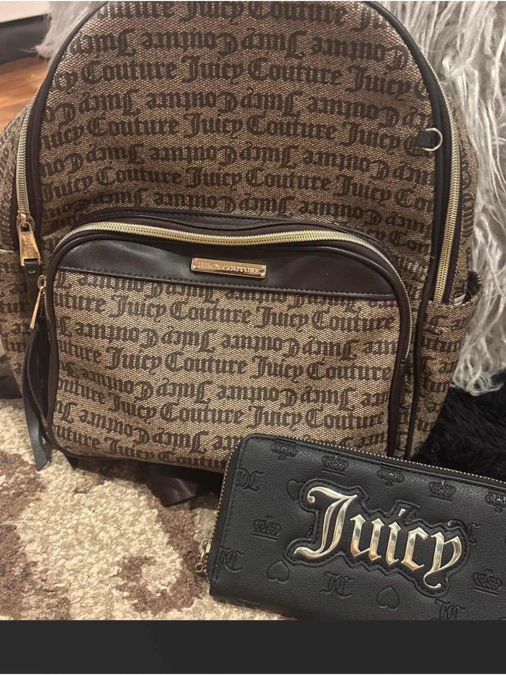 Juicy Couture Brown Monogram Backpack with Black Wallet